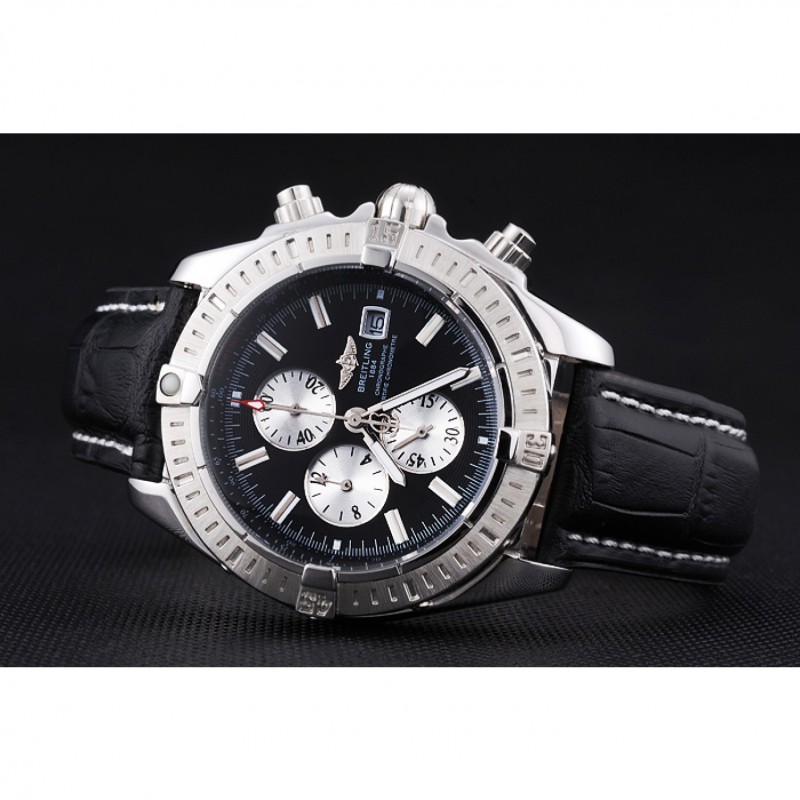 Breitling Chronomat 13 Stainless Steel Case Black Dial Black Leather Bracelet 622237 Replica Watches