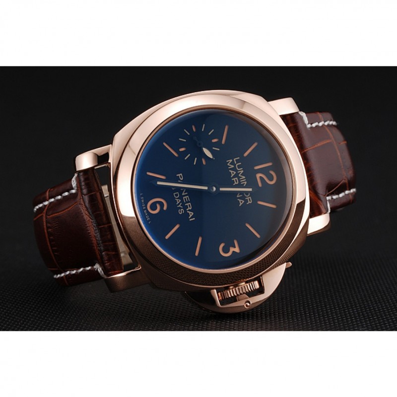 Panerai Luminor Marina 8 Days Black Dial Rose Gold Case Brown Leather Strap Replica Watches